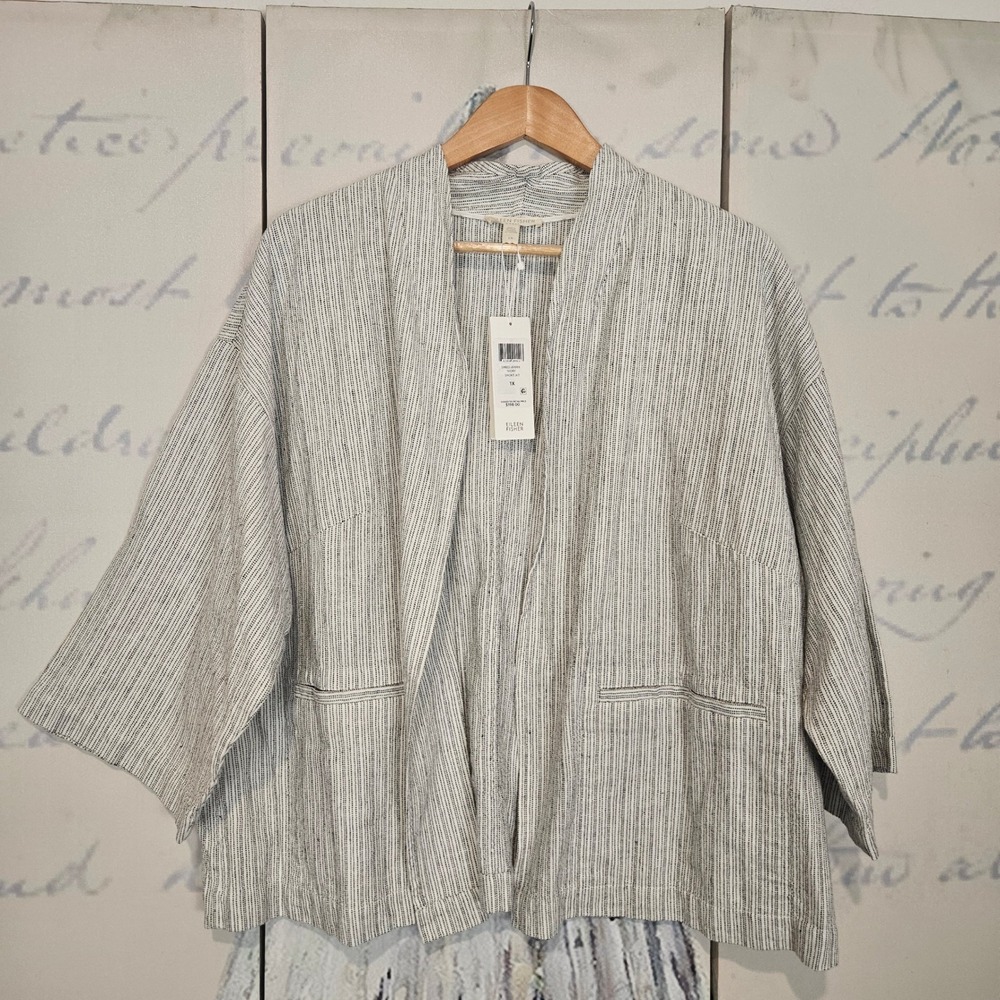NWT EILEEN FISHER‎ Ivory Linen Cotton Ticking Stripe Short Kimono Jacket 1X